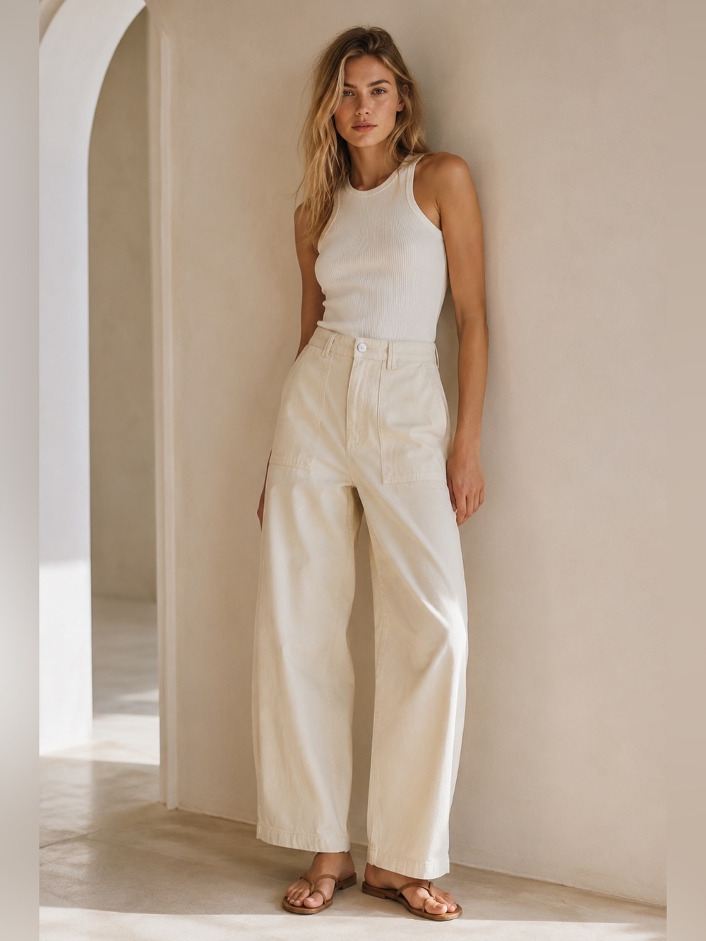Zara Cream Utility Straight Leg Pants High Rise Cotton Size S